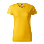 Tricou damă personalizat galben prezentat frontal pe fundal neutru, croială feminină modernă și suprafață ideală pentru personalizare