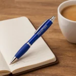 Pix plastic personalizat Elipse albastru navy așezat pe notebook pe birou în spațiu de lucru modern, pix promoțional pentru branding business și obiecte promoționale corporate