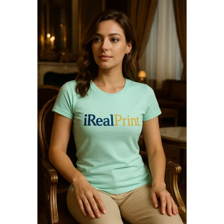 Model feminin purtând tricou damă personalizat frost într-un interior elegant, exemplu de outfit casual premium cu personalizare vizibilă