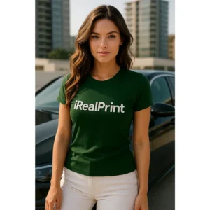 Model feminin purtând tricou damă personalizat verde într-un cadru urban modern, exemplu de outfit casual elegant cu logo vizibil