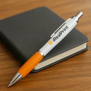 Pix personalizat Elipse White portocaliu așezat pe agendă de birou, produs promoțional modern pentru companii și campanii de marketing