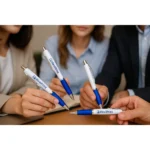 Persoane ținând pixuri personalizate Elipse White albastre în context business, obiecte promoționale pentru branding profesional