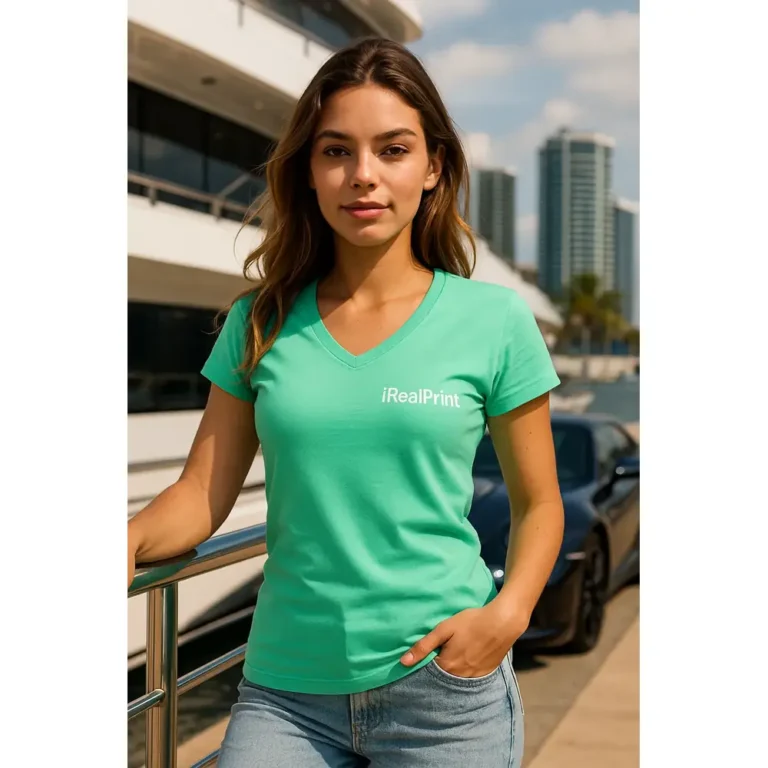 Femeie purtând tricou damă verde mentă personalizat cu anchior în V într-un decor urban modern, stil casual și apariție elegantă