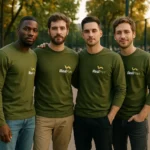 Grup de bărbați purtând bluze personalizate kaki în stil urban modern pentru imagine de brand și identitate vizuală