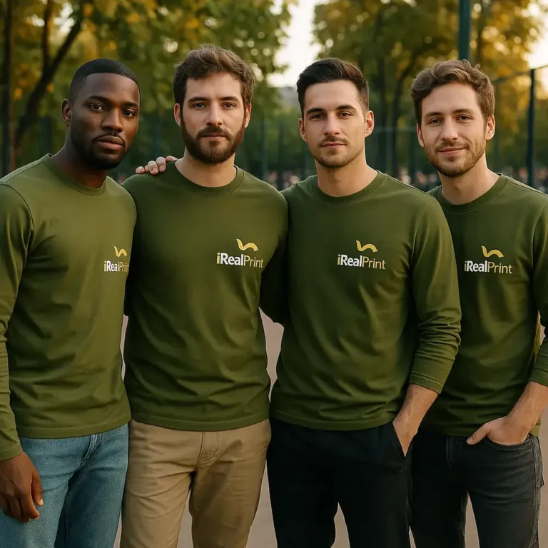 Grup de bărbați purtând bluze personalizate kaki în stil urban modern pentru imagine de brand și identitate vizuală