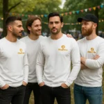 Spate bluză bărbați personalizată albă cu design minimalist și suprafață ideală pentru aplicarea logo-ului sau mesajului