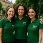 Grup de femei purtând tricouri polo damă personalizate verde sticlă cu logo iRealPrint într-un context urban, exemplu de utilizare pentru echipe sau branding
