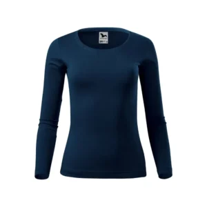 Bluză damă personalizată albastru navy prezentată frontal, croială feminină modernă și suprafață perfectă pentru aplicarea logo-ului