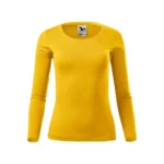 Bluză damă personalizată galben prezentată frontal, design minimalist și suprafață ideală pentru aplicarea unui logo sau mesaj
