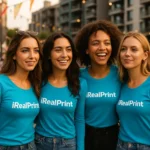 Grup de femei purtând bluze turcoaz personalizate iRealPrint pentru identitate vizuală și branding de echipă
