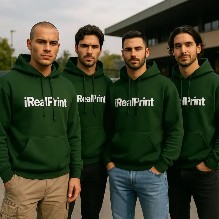 Grup de bărbați purtând hanorace personalizate verde forest iRealPrint într-o scenă lifestyle urbană ce sugerează spirit de echipă
