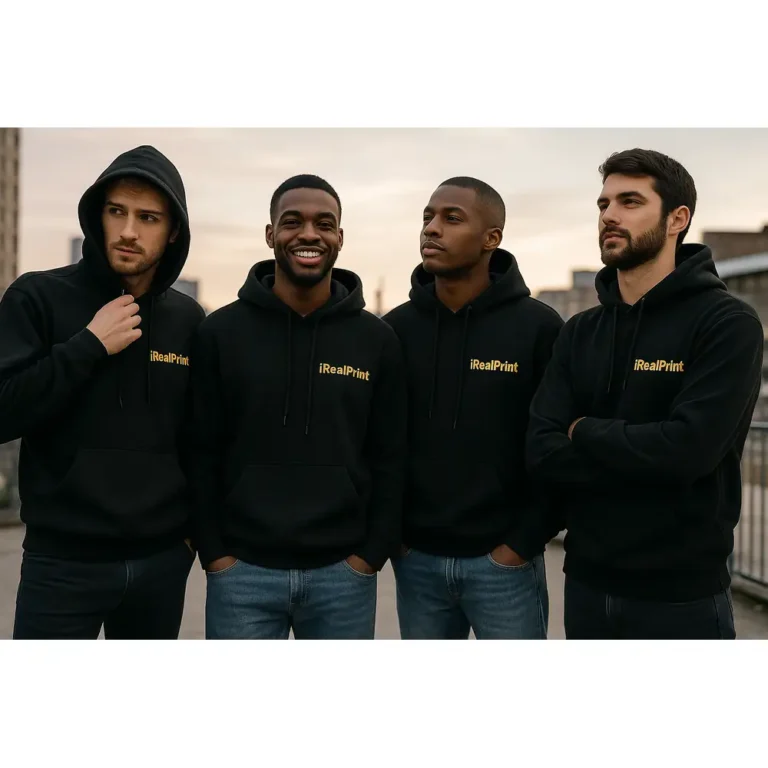Grup de bărbați purtând hanorace personalizate negre iRealPrint într-un cadru casual urban, evidențiind versatilitatea produsului și stilul modern masculin