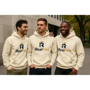 Grup de bărbați purtând hanorace personalizate crem nisip iRealPrint pentru identitate de echipă, branding vizibil și stil urban modern potrivit pentru evenimente sau outfit casual premium