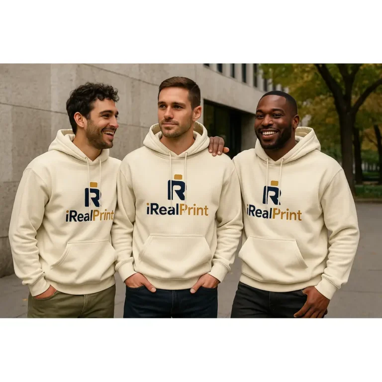 Grup de bărbați purtând hanorace personalizate crem nisip iRealPrint pentru identitate de echipă, branding vizibil și stil urban modern potrivit pentru evenimente sau outfit casual premium