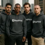 Grup de bărbați purtând hanorace personalizate dark heather cu logo iRealPrint pentru branding de echipă, stil urban contemporan și identitate vizuală puternică în mediul corporate sau casual