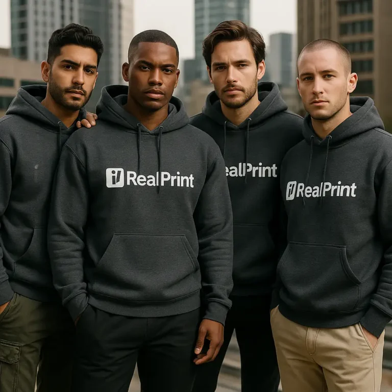 Grup de bărbați purtând hanorace personalizate dark heather cu logo iRealPrint pentru branding de echipă, stil urban contemporan și identitate vizuală puternică în mediul corporate sau casual