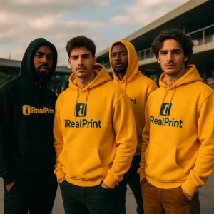 Grup de bărbați purtând hanorace personalizate gold iRealPrint pentru identitate vizuală de echipă, branding modern și stil streetwear puternic în contexte urbane sau corporate