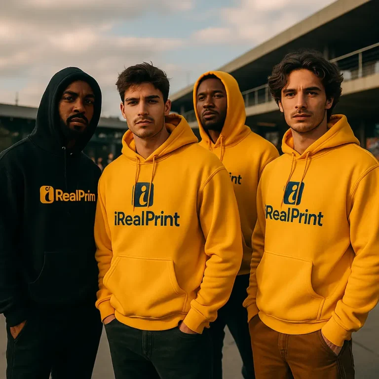 Grup de bărbați purtând hanorace personalizate gold iRealPrint pentru identitate vizuală de echipă, branding modern și stil streetwear puternic în contexte urbane sau corporate