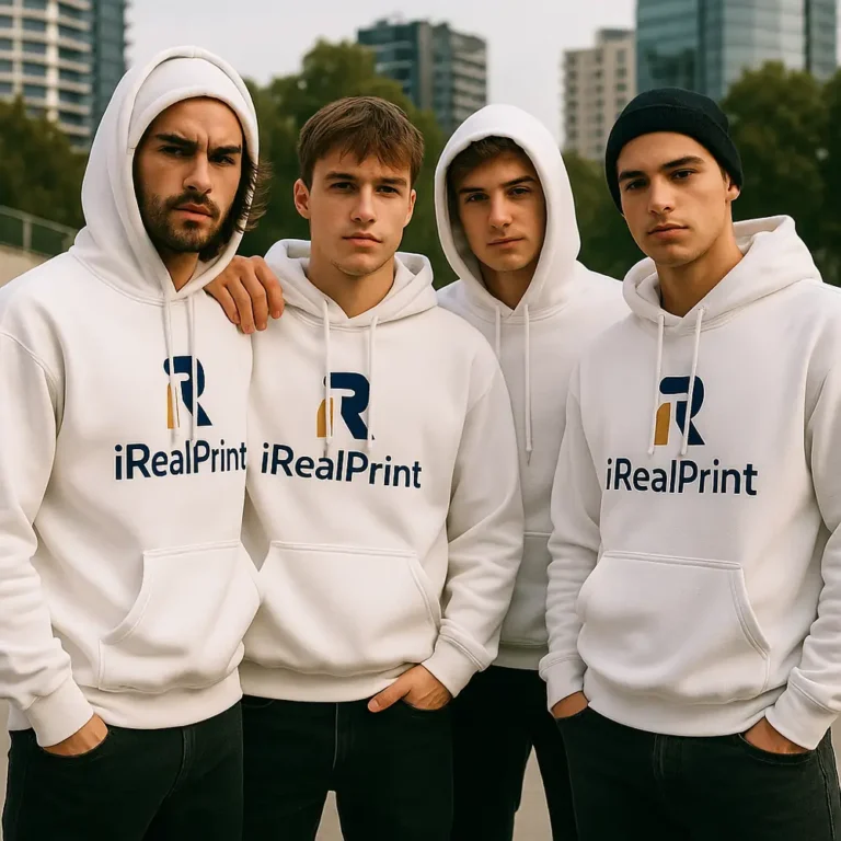 Grup de bărbați purtând hanorace personalizate albe iRealPrint într-un context urban modern, ilustrând branding vizibil pentru echipe, identitate vizuală puternică și stil casual contemporan