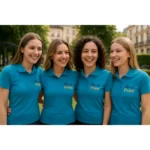 Grup de femei purtând tricouri polo damă personalizate turcoaz închis într-un cadru urban, ilustrând utilizarea modernă pentru echipe și branding