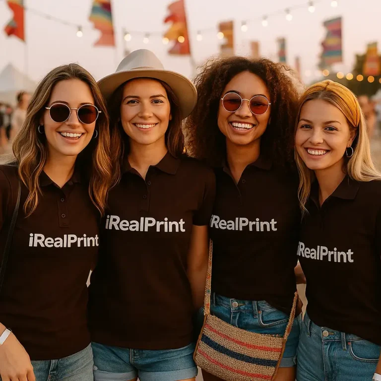 Grup de femei purtând tricouri polo damă cafea personalizate cu logo iRealPrint la eveniment în aer liber, echipă unită cu branding vizibil