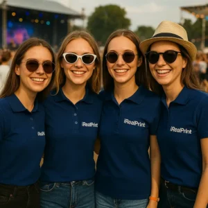 Grup de femei purtând tricouri polo damă personalizate albastru nocturn într-un context de eveniment, ilustrând utilizarea pentru echipe promoționale și activări de brand