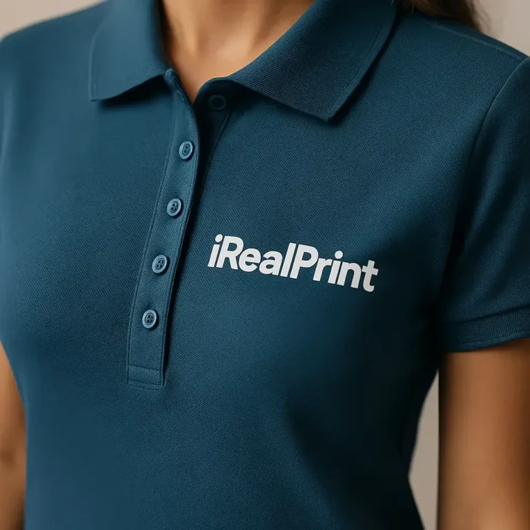 Detaliu personalizare logo aplicat prin transfer termic pe tricou polo damă personalizat albastru navy, evidențiind claritatea printului și textura materialului
