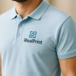 Detaliu personalizare logo iRealPrint aplicat prin transfer termic pe tricou polo bărbați personalizat albastru deschis, evidențiind claritatea printului și textura materialului