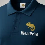 Detaliu personalizare logo iRealPrint aplicat prin transfer termic pe tricou polo bărbați personalizat albastru navy, evidențiind claritatea printului și textura materialului