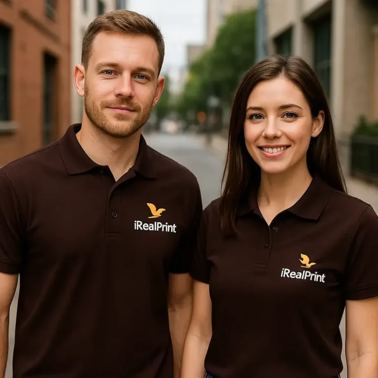 Echipă purtând tricouri polo personalizate culoare cafea cu logo iRealPrint, uniformă corporate modernă pentru branding vizual puternic