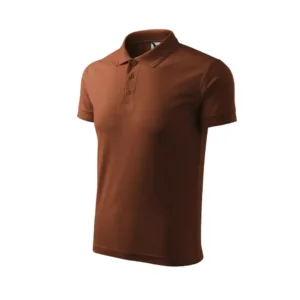 Tricou polo bărbați culoare ciocolată văzut din perspectivă laterală cu design modern și croială masculină pentru branding profesional