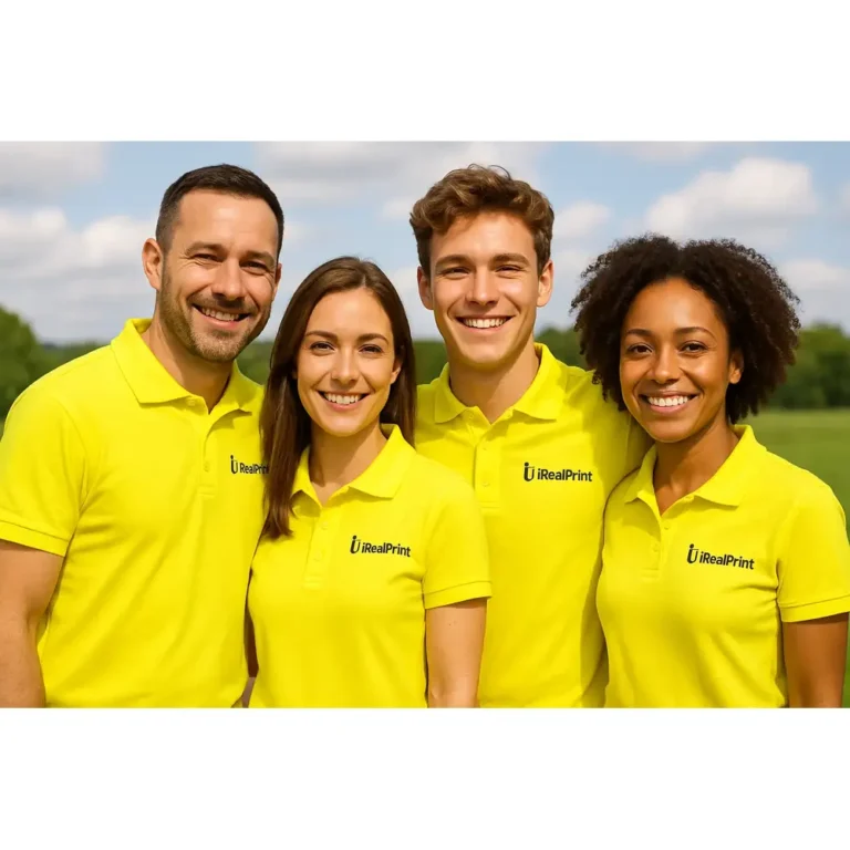 Echipă purtând tricouri polo personalizate galben lămâie cu logo iRealPrint, uniforme moderne pentru evenimente, campanii promoționale și identitate de brand