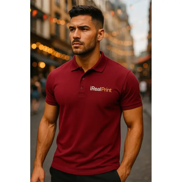 Bărbat purtând tricou polo personalizat garnet cu logo iRealPrint într-un decor urban elegant, imagine lifestyle pentru branding vizual puternic