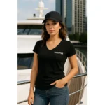 Femeie purtând tricou damă negru personalizat cu anchior în V într-un decor urban modern, stil casual feminin și apariție elegantă