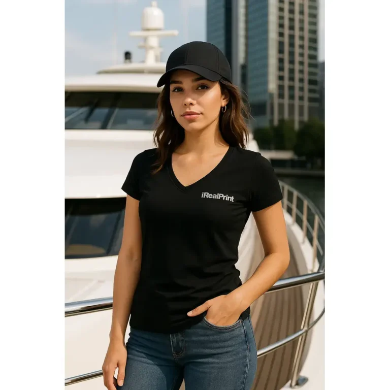 Femeie purtând tricou damă negru personalizat cu anchior în V într-un decor urban modern, stil casual feminin și apariție elegantă