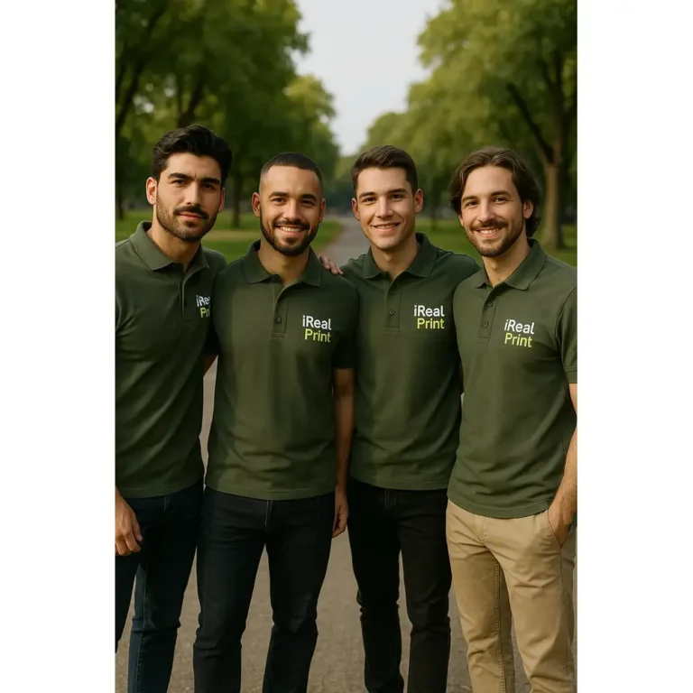 Echipă de bărbați purtând tricouri polo personalizate gri ardezie cu logo iRealPrint, uniforme moderne pentru branding corporate și imagine profesională