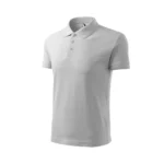 Tricou polo bărbați personalizat gri deschis văzut din perspectivă laterală, evidențiind croiala ergonomică și stilul business casual modern