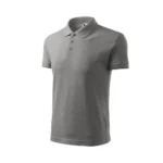 Tricou polo bărbați personalizat gri închis văzut din perspectivă laterală, evidențiind croiala ergonomică și stilul business casual modern