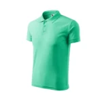 Tricou polo bărbați personalizat verde mentă prezentat din perspectivă trei sferturi pentru evidențierea formei produsului și a materialului