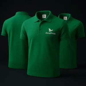 Tricou polo bărbați personalizat verde mediu cu logo iRealPrint prezentat în cadru studio pentru evidențierea personalizării și brandingului