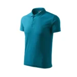Tricou polo personalizat turcoaz închis văzut din perspectivă laterală, material textil premium și stil modern pentru imagine corporate