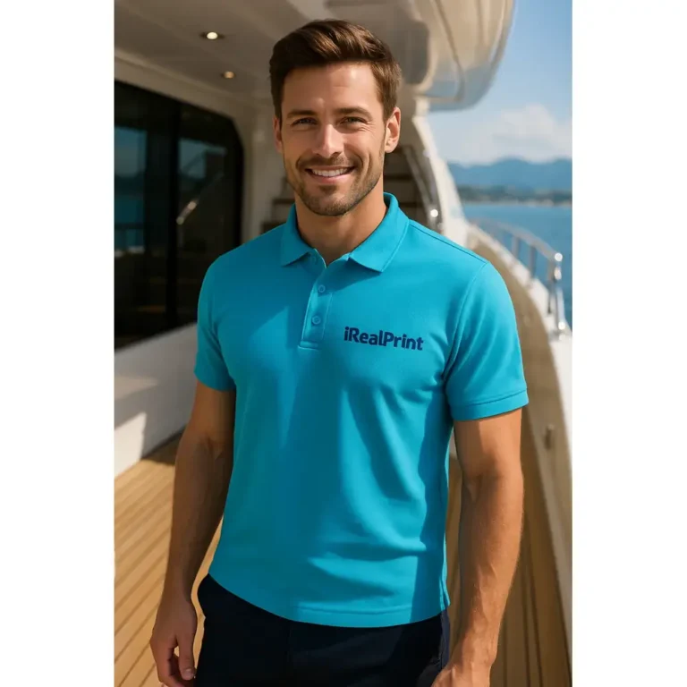 Bărbat purtând tricou polo personalizat turcoaz cu logo iRealPrint pe puntea unui yacht, stil business casual modern pentru promovare brand premium