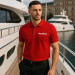Bărbat purtând tricou polo roșu personalizat într-un cadru marin elegant lângă yacht, stil business casual modern pentru branding premium