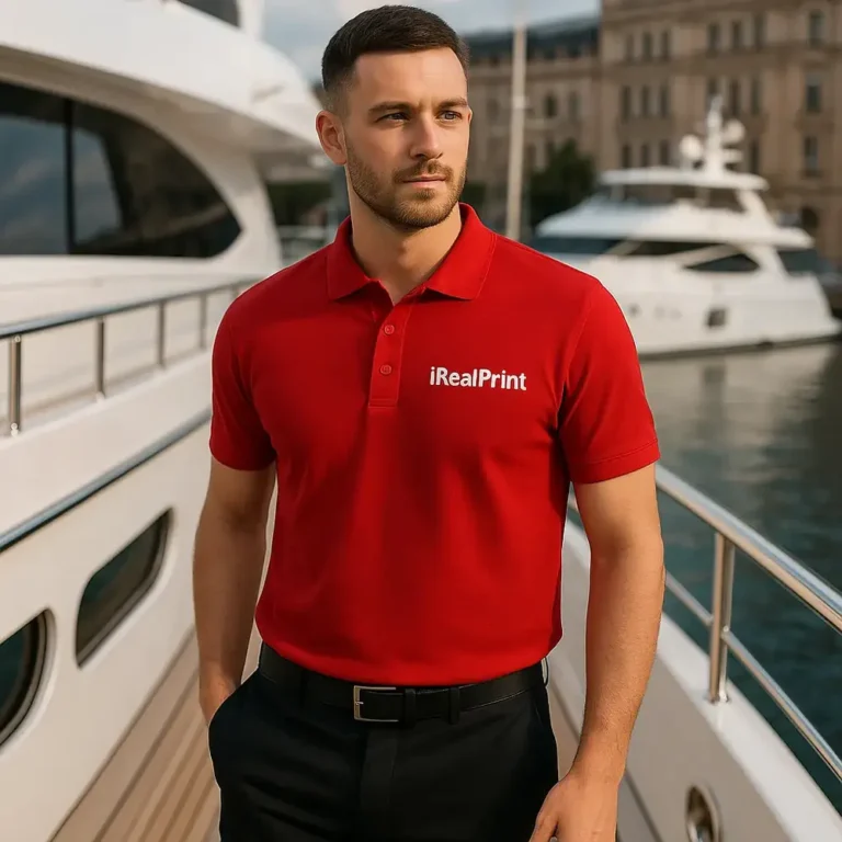 Bărbat purtând tricou polo roșu personalizat într-un cadru marin elegant lângă yacht, stil business casual modern pentru branding premium