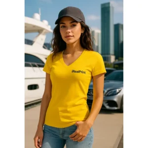Femeie purtând tricou damă galben personalizat cu anchior în V într-un decor urban modern, stil casual și apariție energică