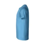 Tricou unisex albastru azur prezentat din perspectivă laterală pe fundal neutru, croială universală confortabilă pentru personalizare