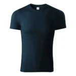 Tricou unisex albastru închis prezentat din perspectivă laterală pe fundal simplu, design modern potrivit pentru branding și personalizare