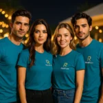Echipă purtând tricouri personalizate albastru petrol într-un cadru elegant de seară, stil modern pentru identitate vizuală de brand