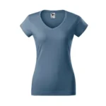 Tricou damă denim cu anchior în V prezentat frontal pe fundal neutru, croială feminină modernă și suprafață ideală pentru personalizare
