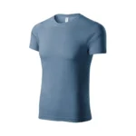 Tricou unisex culoare denim prezentat din perspectivă laterală pe fundal alb, design modern potrivit pentru personalizare